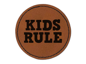 Kids Rule Fun Text Round Iron-On Engraved Faux Leather Patch Applique - 2.5"