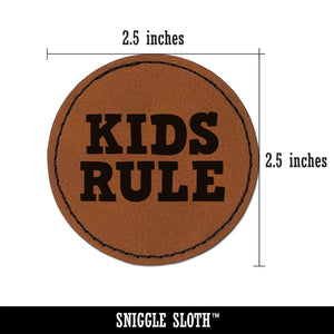 Kids Rule Fun Text Round Iron-On Engraved Faux Leather Patch Applique - 2.5"