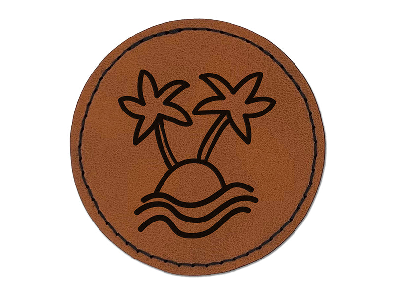 Palm Tree Island Doodle Round Iron-On Engraved Faux Leather Patch Applique - 2.5"