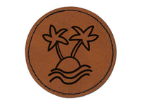 Palm Tree Island Doodle Round Iron-On Engraved Faux Leather Patch Applique - 2.5"