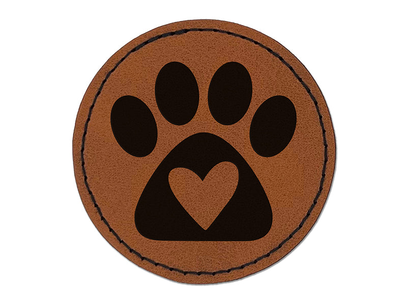 Paw Print with Heart Dog Round Iron-On Engraved Faux Leather Patch Applique - 2.5"