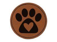 Paw Print with Heart Dog Round Iron-On Engraved Faux Leather Patch Applique - 2.5"