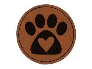 Paw Print with Heart Dog Round Iron-On Engraved Faux Leather Patch Applique - 2.5"