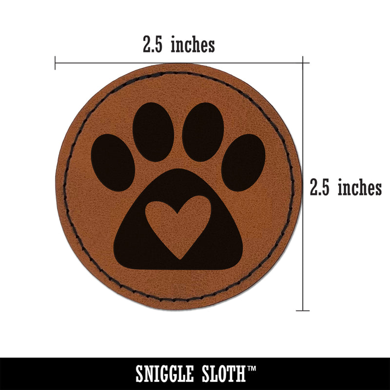 Paw Print with Heart Dog Round Iron-On Engraved Faux Leather Patch Applique - 2.5"