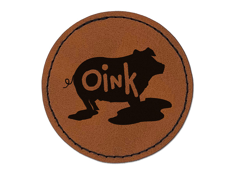 Pig in Mud Oink Funny Round Iron-On Engraved Faux Leather Patch Applique - 2.5"