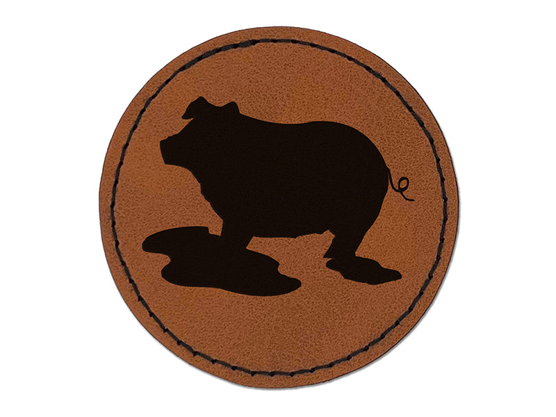 Pig in Mud Solid Round Iron-On Engraved Faux Leather Patch Applique - 2.5"