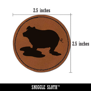 Pig in Mud Solid Round Iron-On Engraved Faux Leather Patch Applique - 2.5"