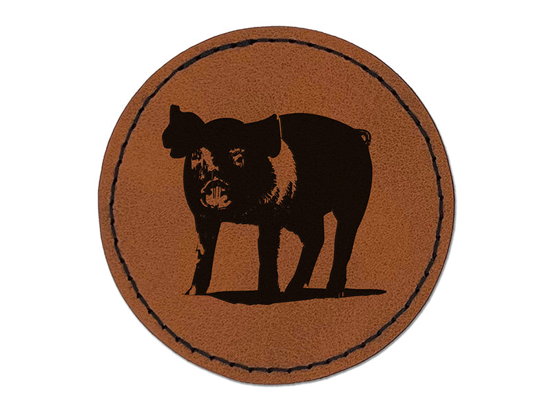 Pig Sketch Round Iron-On Engraved Faux Leather Patch Applique - 2.5"