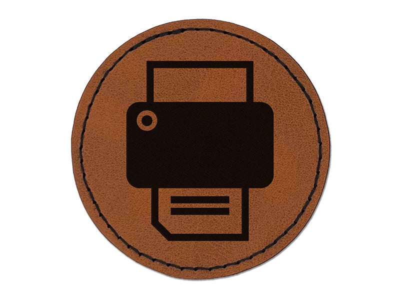 Printer Icon Round Iron-On Engraved Faux Leather Patch Applique - 2.5"