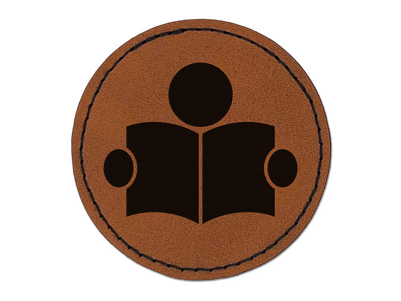 Reading Book Library Icon Round Iron-On Engraved Faux Leather Patch Applique - 2.5"