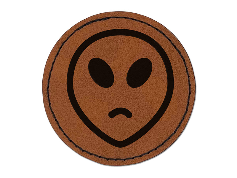 Sad Alien Emoticon Round Iron-On Engraved Faux Leather Patch Applique - 2.5"