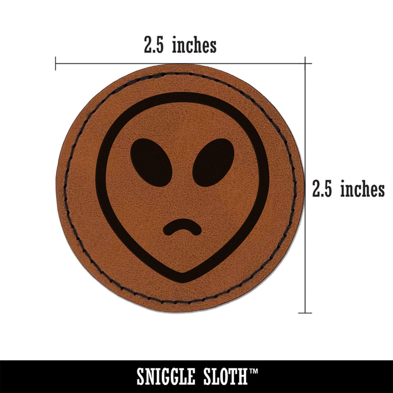 Sad Alien Emoticon Round Iron-On Engraved Faux Leather Patch Applique - 2.5"