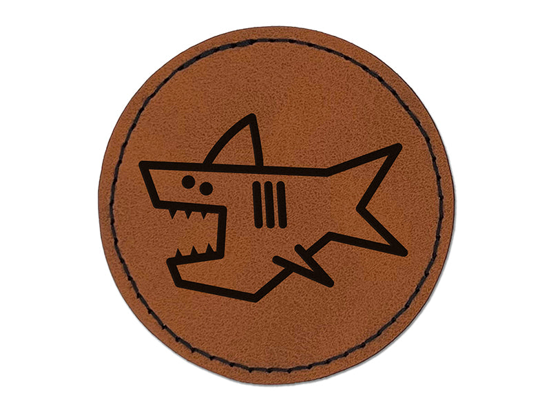 Shark Doodle Round Iron-On Engraved Faux Leather Patch Applique - 2.5"