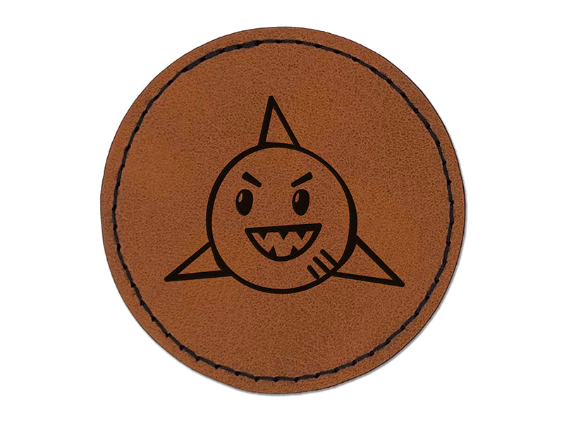 Shark Face Doodle Round Iron-On Engraved Faux Leather Patch Applique - 2.5"