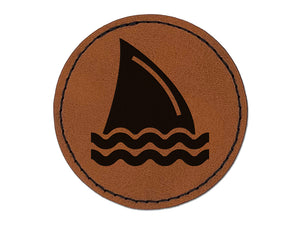 Shark Fin in Water Round Iron-On Engraved Faux Leather Patch Applique - 2.5"