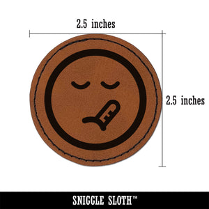 Sick Face Thermometer Emoticon Round Iron-On Engraved Faux Leather Patch Applique - 2.5"