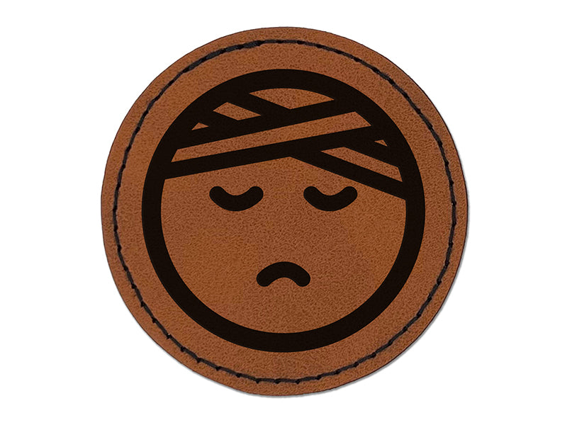 Sick Ill Face Hospital Bandage Emoticon Round Iron-On Engraved Faux Leather Patch Applique - 2.5"
