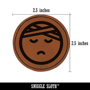 Sick Ill Face Hospital Bandage Emoticon Round Iron-On Engraved Faux Leather Patch Applique - 2.5"