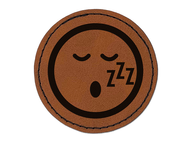 Sleeping Face Tired Emoticon Round Iron-On Engraved Faux Leather Patch Applique - 2.5"