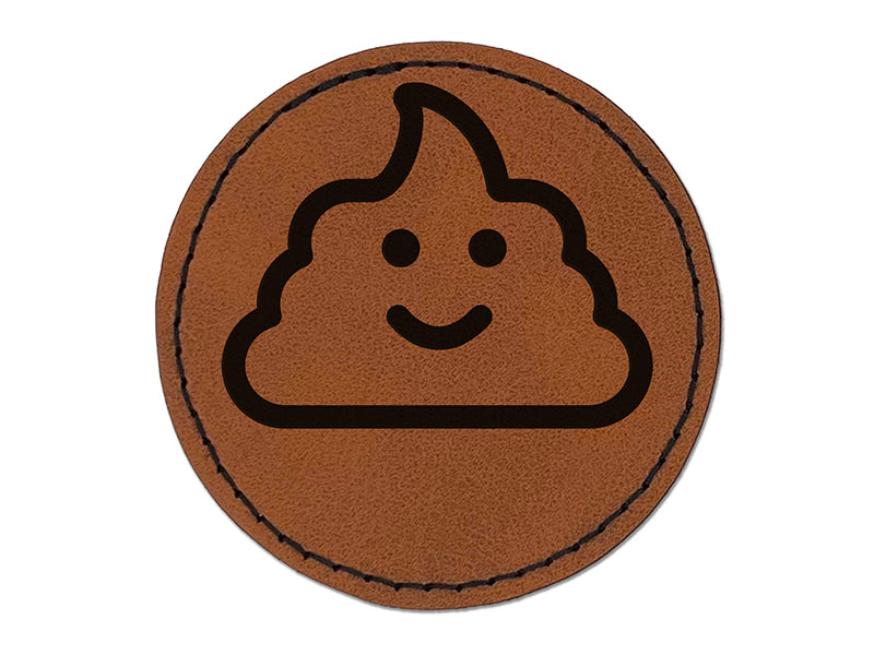 Smile Poop Face Emoticon Round Iron-On Engraved Faux Leather Patch Applique - 2.5"