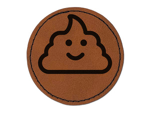 Smile Poop Face Emoticon Round Iron-On Engraved Faux Leather Patch Applique - 2.5"