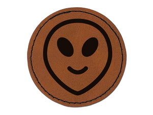 Smiling Happy Alien Emoticon Round Iron-On Engraved Faux Leather Patch Applique - 2.5"