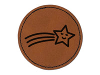 Smiling Shooting Star Round Iron-On Engraved Faux Leather Patch Applique - 2.5"