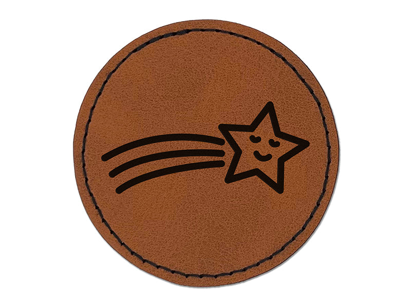 Smiling Shooting Star Round Iron-On Engraved Faux Leather Patch Applique - 2.5"