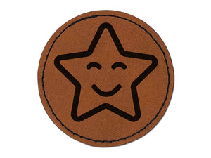 Star Happy Face Emoticon Round Iron-On Engraved Faux Leather Patch Applique - 2.5"