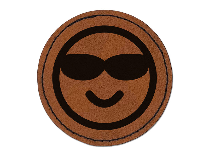 Sunglasses Cool Smile Happy Emoticon Round Iron-On Engraved Faux Leather Patch Applique - 2.5"