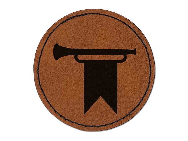 Trumpet and Banner Royal Medieval Round Iron-On Engraved Faux Leather Patch Applique - 2.5"