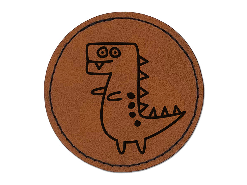 Tyrannosaurus Rex Dinosaur Doodle Round Iron-On Engraved Faux Leather Patch Applique - 2.5"