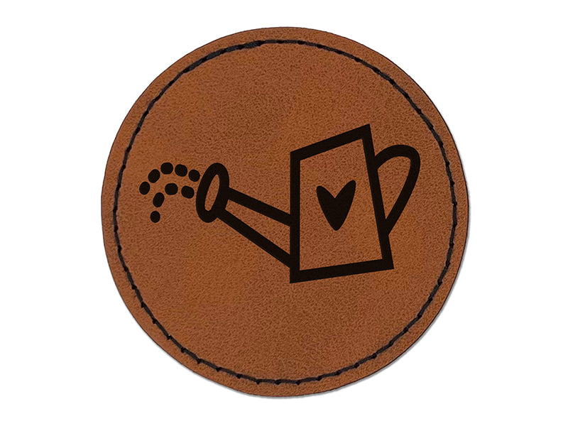 Watering Can Heart Gardening Plants Round Iron-On Engraved Faux Leather Patch Applique - 2.5"