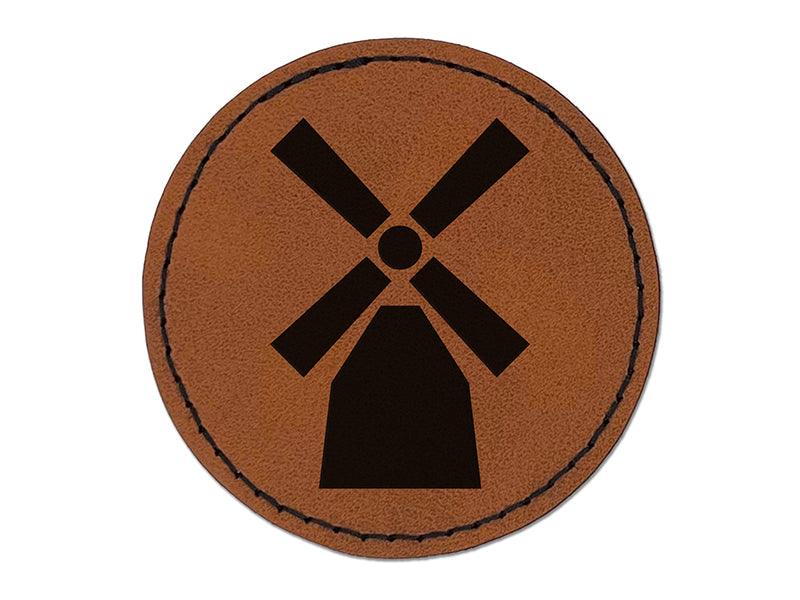 Windmill Netherlands Holland Round Iron-On Engraved Faux Leather Patch Applique - 2.5"