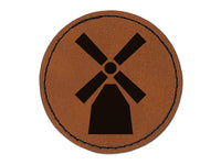 Windmill Netherlands Holland Round Iron-On Engraved Faux Leather Patch Applique - 2.5"