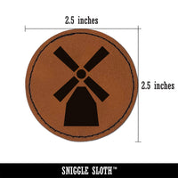 Windmill Netherlands Holland Round Iron-On Engraved Faux Leather Patch Applique - 2.5"