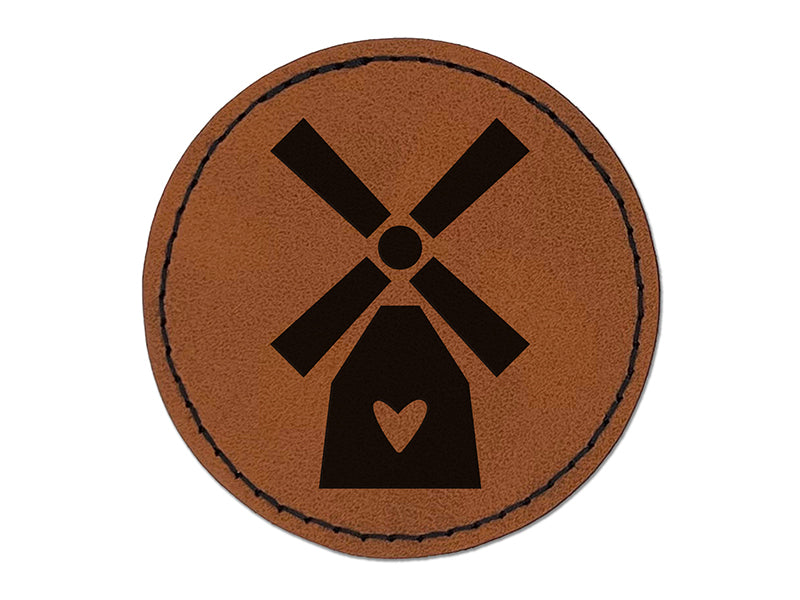 Windmill with Heart Netherlands Holland Round Iron-On Engraved Faux Leather Patch Applique - 2.5"