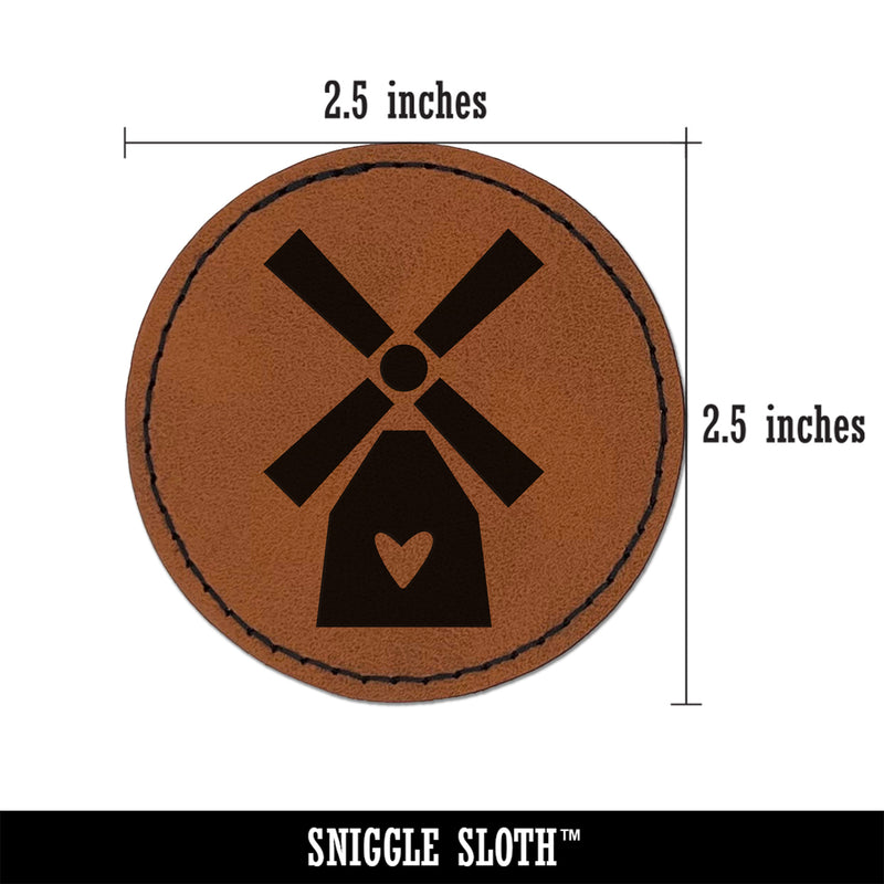 Windmill with Heart Netherlands Holland Round Iron-On Engraved Faux Leather Patch Applique - 2.5"