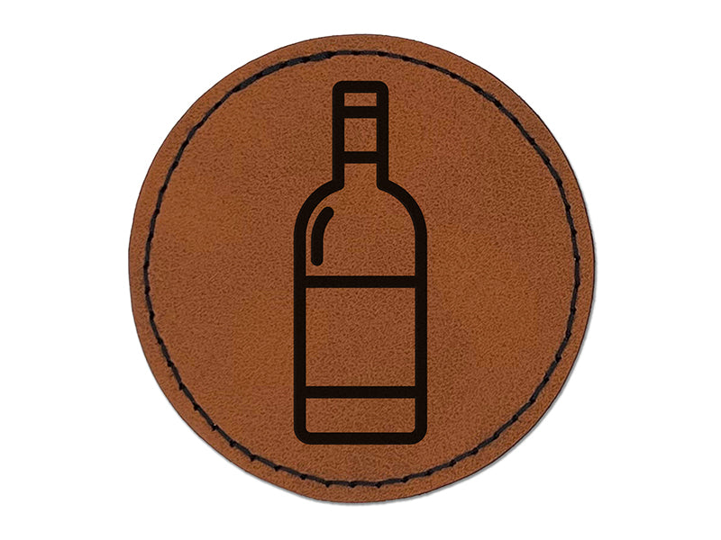 Wine Bottle Icon Round Iron-On Engraved Faux Leather Patch Applique - 2.5"