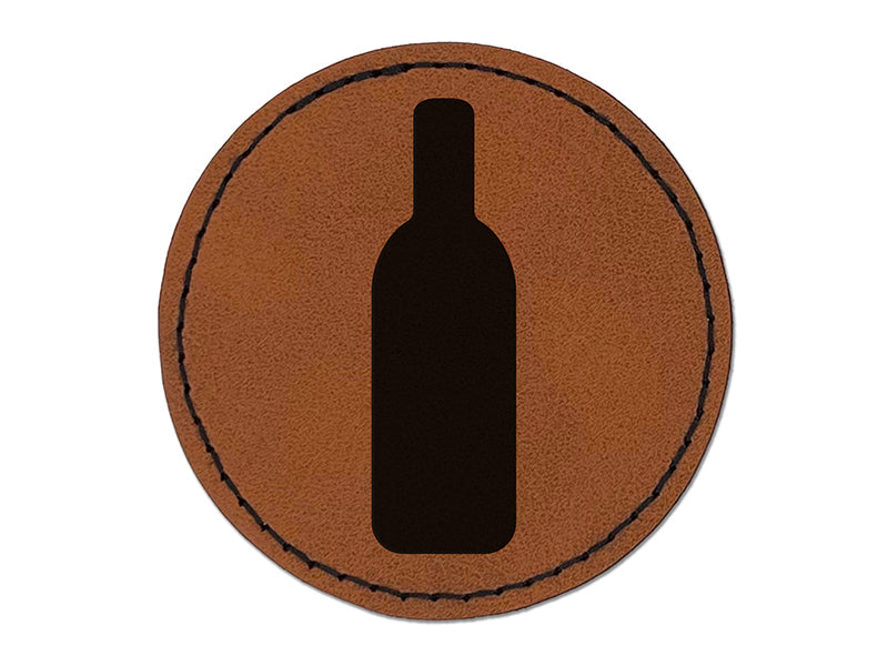 Wine Bottle Solid Round Iron-On Engraved Faux Leather Patch Applique - 2.5"
