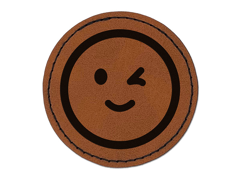 Winking Smiling Face Emoticon Round Iron-On Engraved Faux Leather Patch Applique - 2.5"