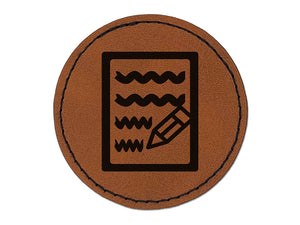 Writing Symbol Round Iron-On Engraved Faux Leather Patch Applique - 2.5"
