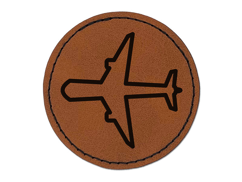 Airplane Outline Round Iron-On Engraved Faux Leather Patch Applique - 2.5"