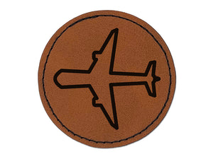 Airplane Outline Round Iron-On Engraved Faux Leather Patch Applique - 2.5"