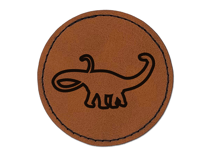 Apatosaurus Dinosaur Outline Round Iron-On Engraved Faux Leather Patch Applique - 2.5"