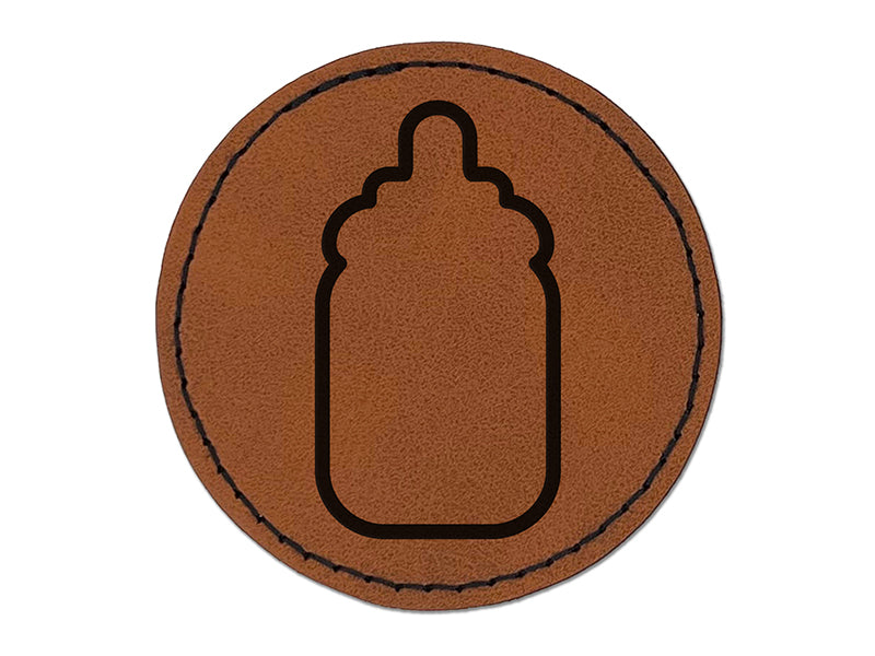 Baby Bottle Outline Round Iron-On Engraved Faux Leather Patch Applique - 2.5"