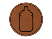 Baby Bottle Outline Round Iron-On Engraved Faux Leather Patch Applique - 2.5"