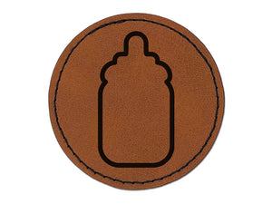 Baby Bottle Outline Round Iron-On Engraved Faux Leather Patch Applique - 2.5"