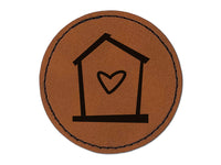 Birdhouse with Heart Round Iron-On Engraved Faux Leather Patch Applique - 2.5"