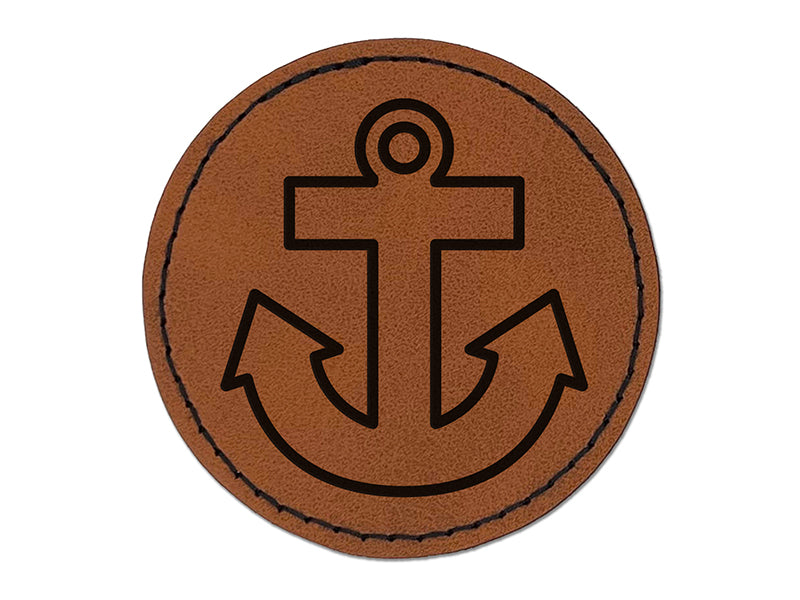 Boat Anchor Nautical Outline Round Iron-On Engraved Faux Leather Patch Applique - 2.5"